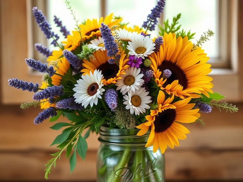 Fresh-cut wildflower bouquets ready at the farm kiosk