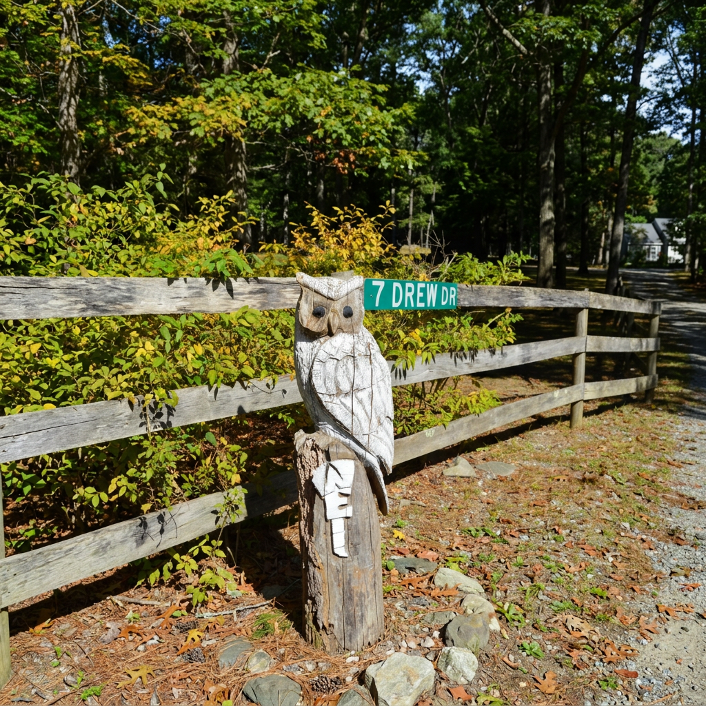 White owl perched on a fence post at sunset on White Owl Farm